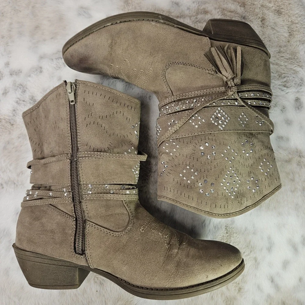 Justice Teen Girls Western Boots Size 8 Brown Tassels Bling Stitching Zip Close